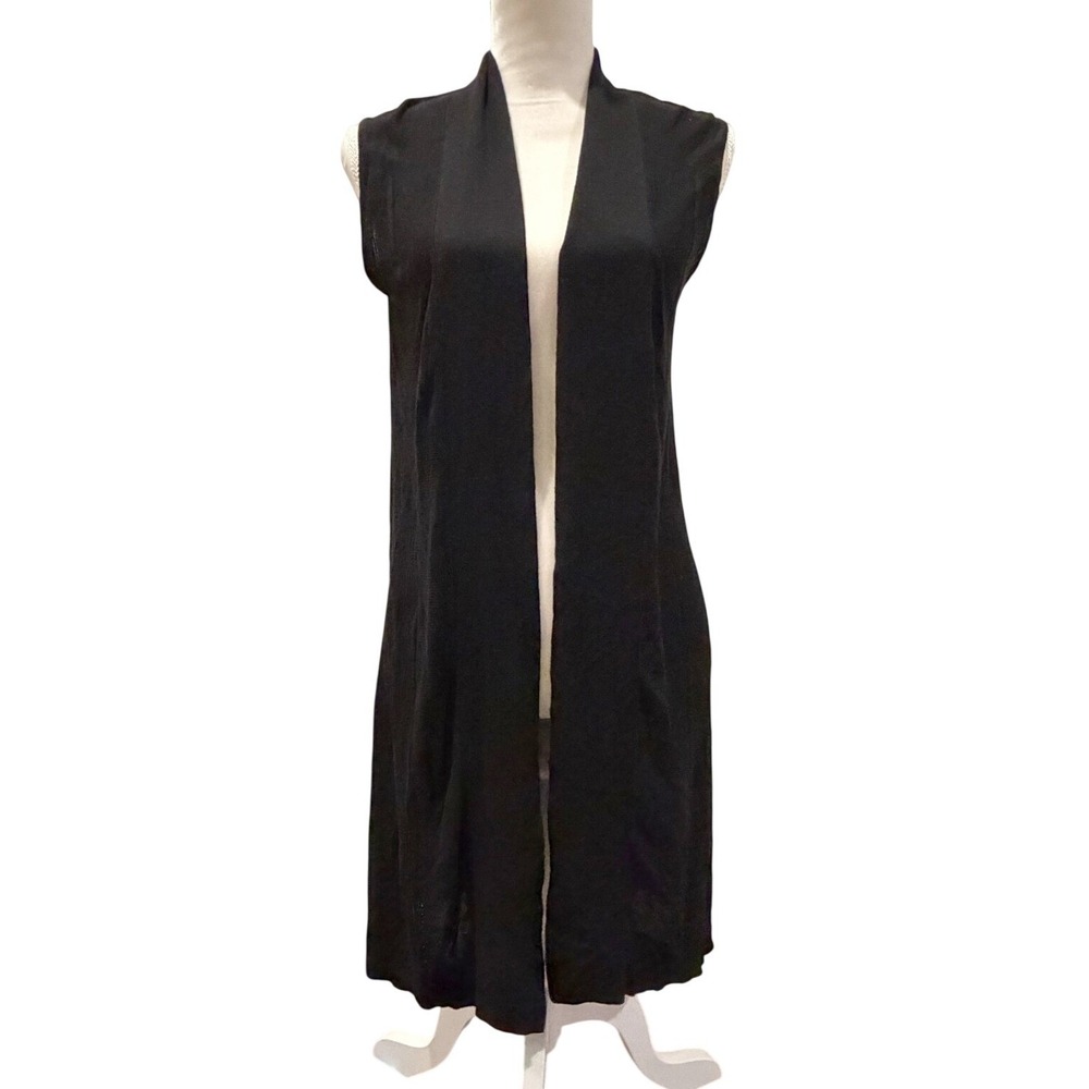 Magaschoni Womens M Black Long Open Front Lightweight Sleeveless Long Cardigan